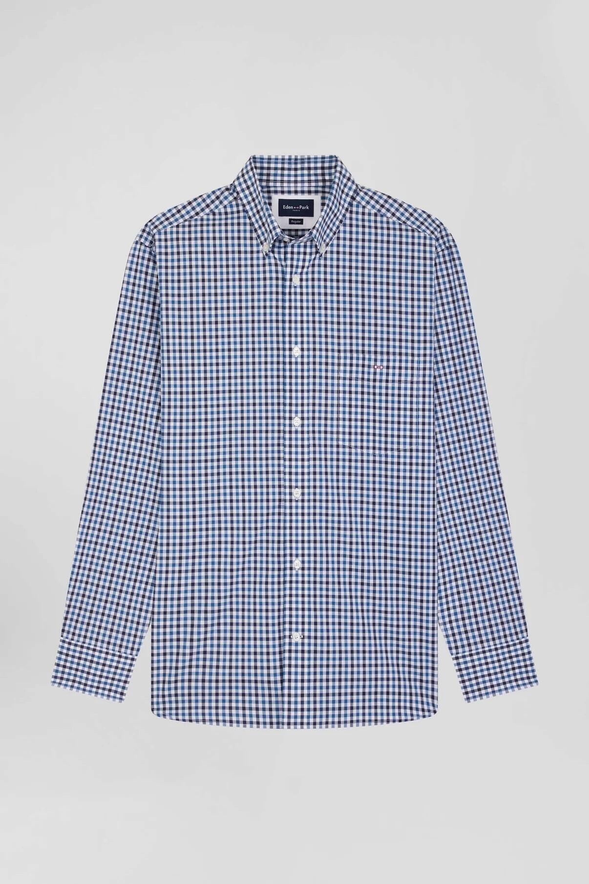 Eden Park mid-blue subtle check pattern long-sleeve shirt for men, available up to 5XL