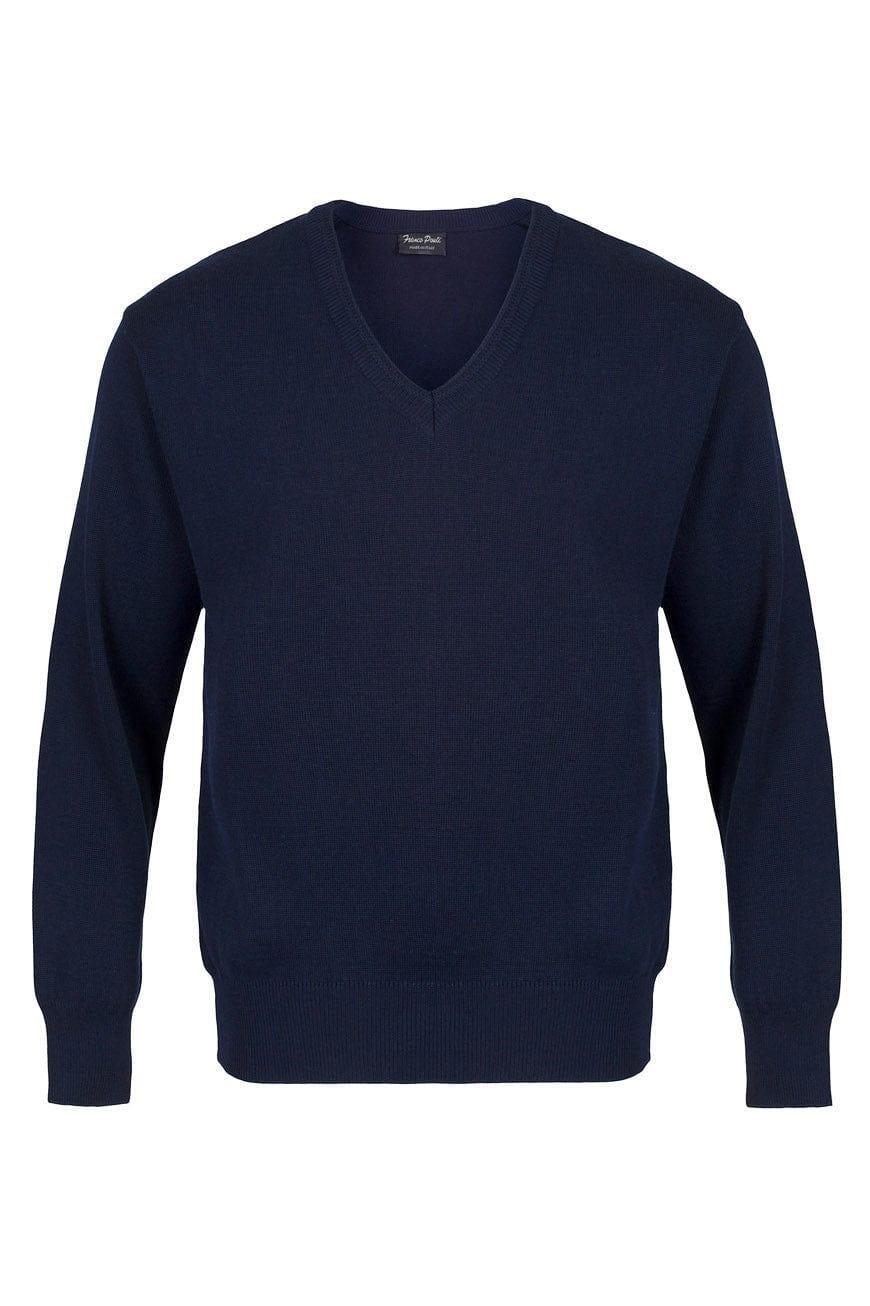 front view of men’s Navy v-neck jumper, loose elasticated cuffs and bottom hem, 2XL–5XL