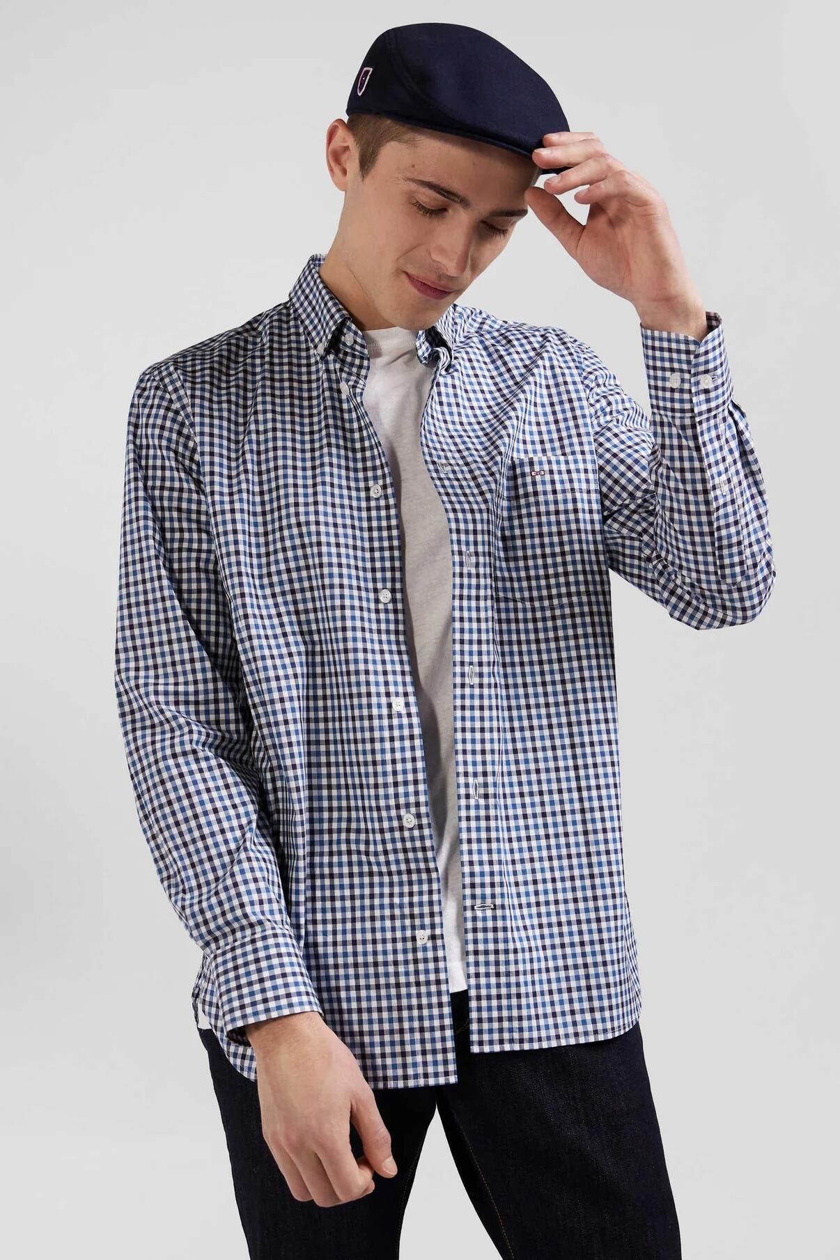 Eden Park long-sleeve men’s neat check shirt in mid-blue for big & tall sizes