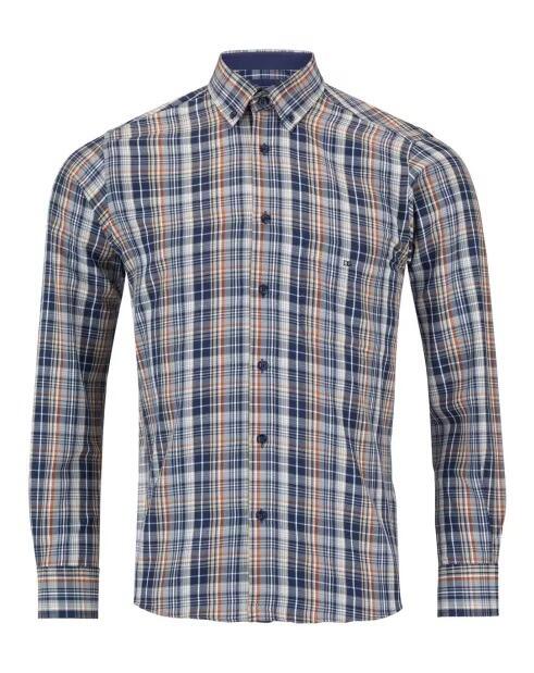 Douglas and Grahame blue and burnt orange multi-check long sleeve casual shirt for big men, sizes 2XL to 4XL, 53% cotton 47% polyester