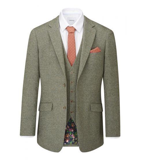 Floral printed lining visible inside Skopes Jude sage herringbone jacket