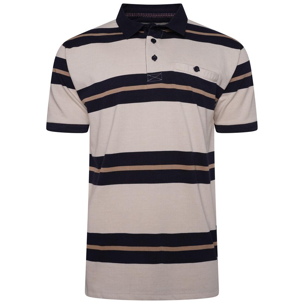KAM Jeanswear Cotton Rugby Jersey in Stone/Navy– Striped Pattern with Button-Up Chest Pocket and Block Colour Collar (2XL–6XL)