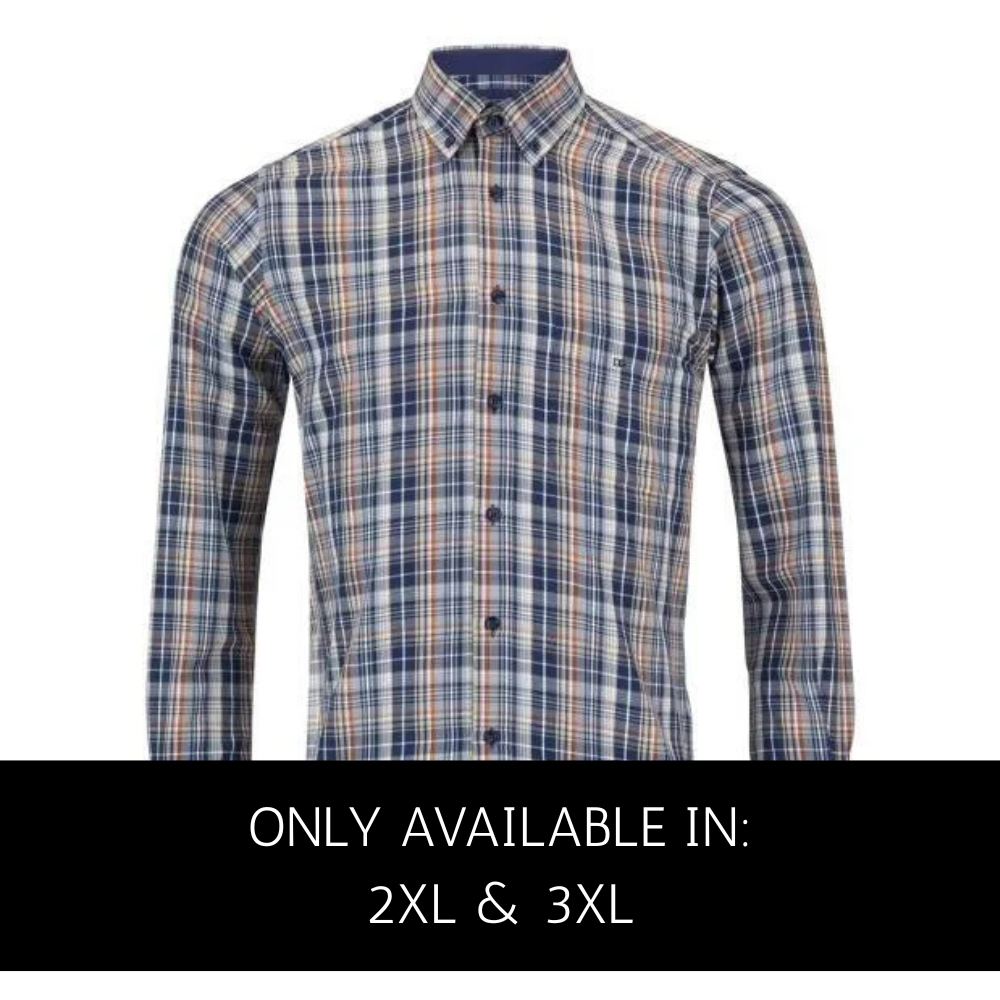 Douglas and Grahame blue and burnt orange multi-check long sleeve casual shirt for big men 53% cotton 47% polyester