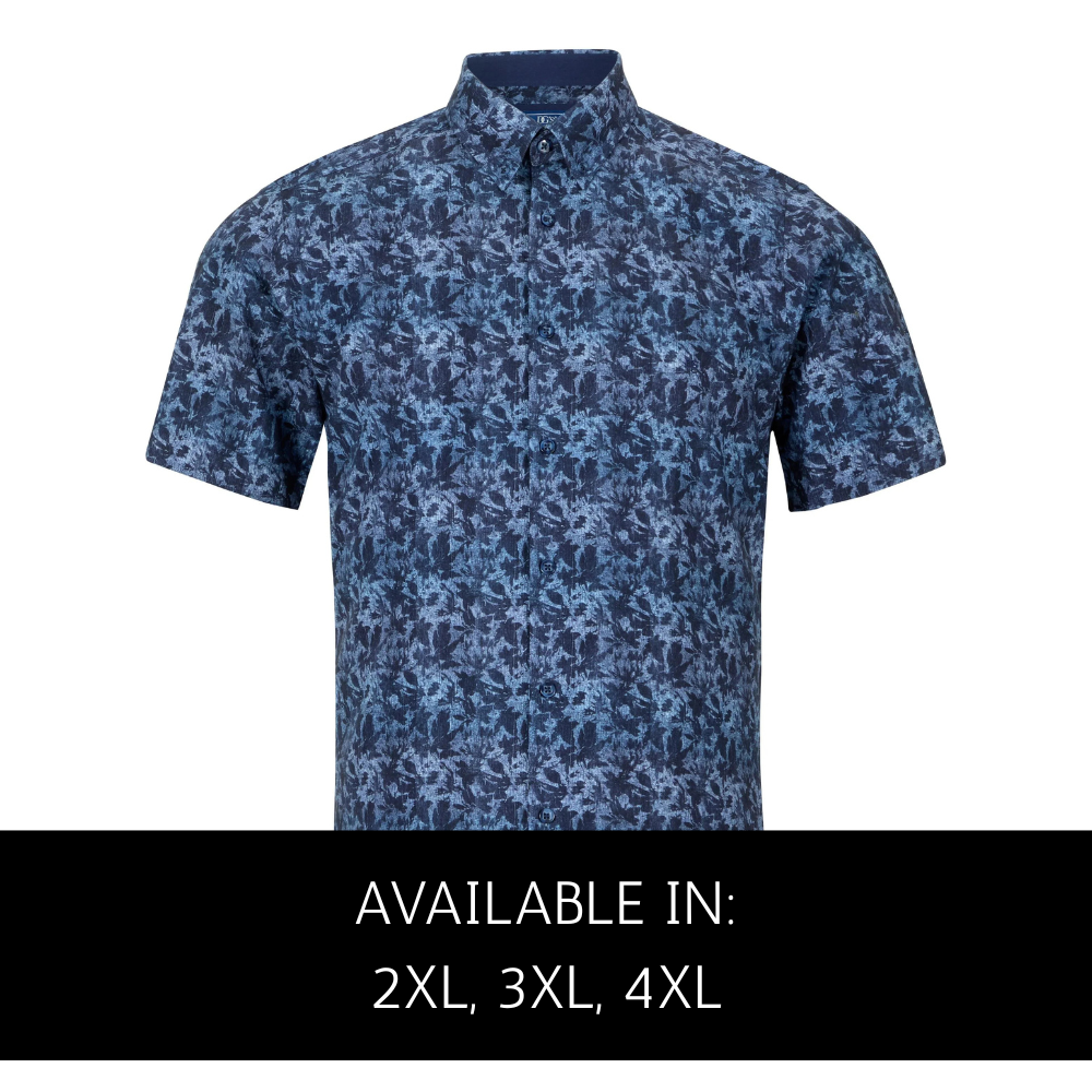 Douglas & Grahame big men navy floral short sleeve shirt front view with overlay