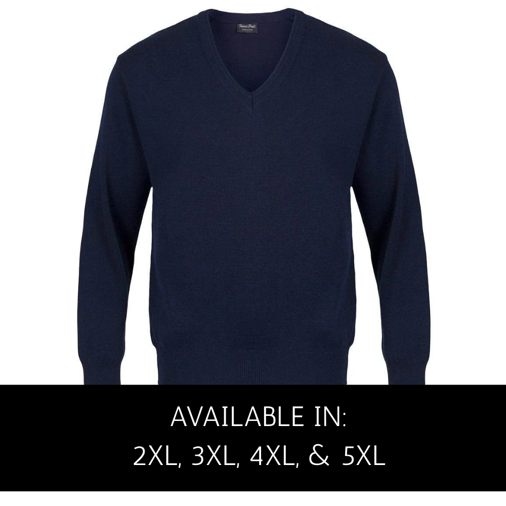front view of men’s Navy v-neck jumper, loose elasticated cuffs and bottom hem, 2XL–5XL