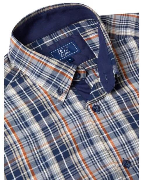 Big men’s blue and burnt orange multi-check long sleeve shirt by Douglas and Grahame, casual style in 2XL to 4XL