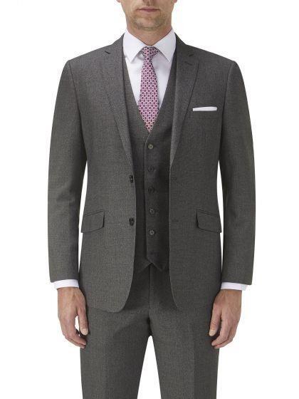 Men’s grey tweed-effect suit jacket back view showing twin vents and tailored fit