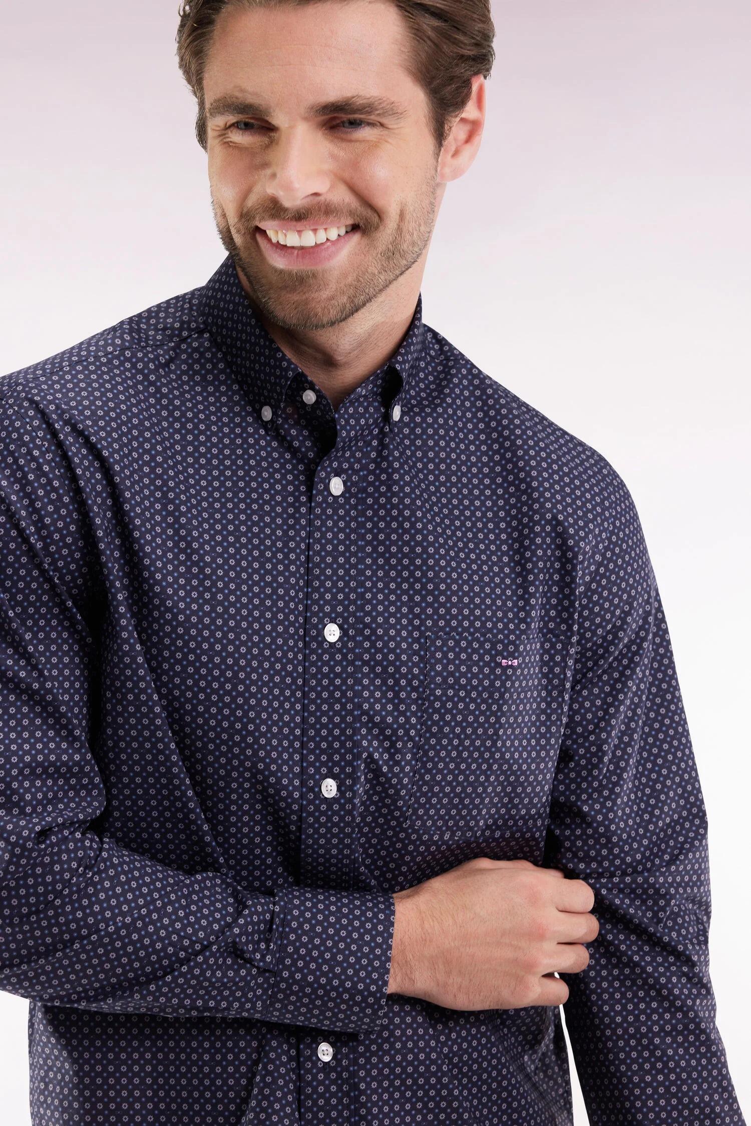 Men’s navy cotton shirt with micro-motif print and straight cut