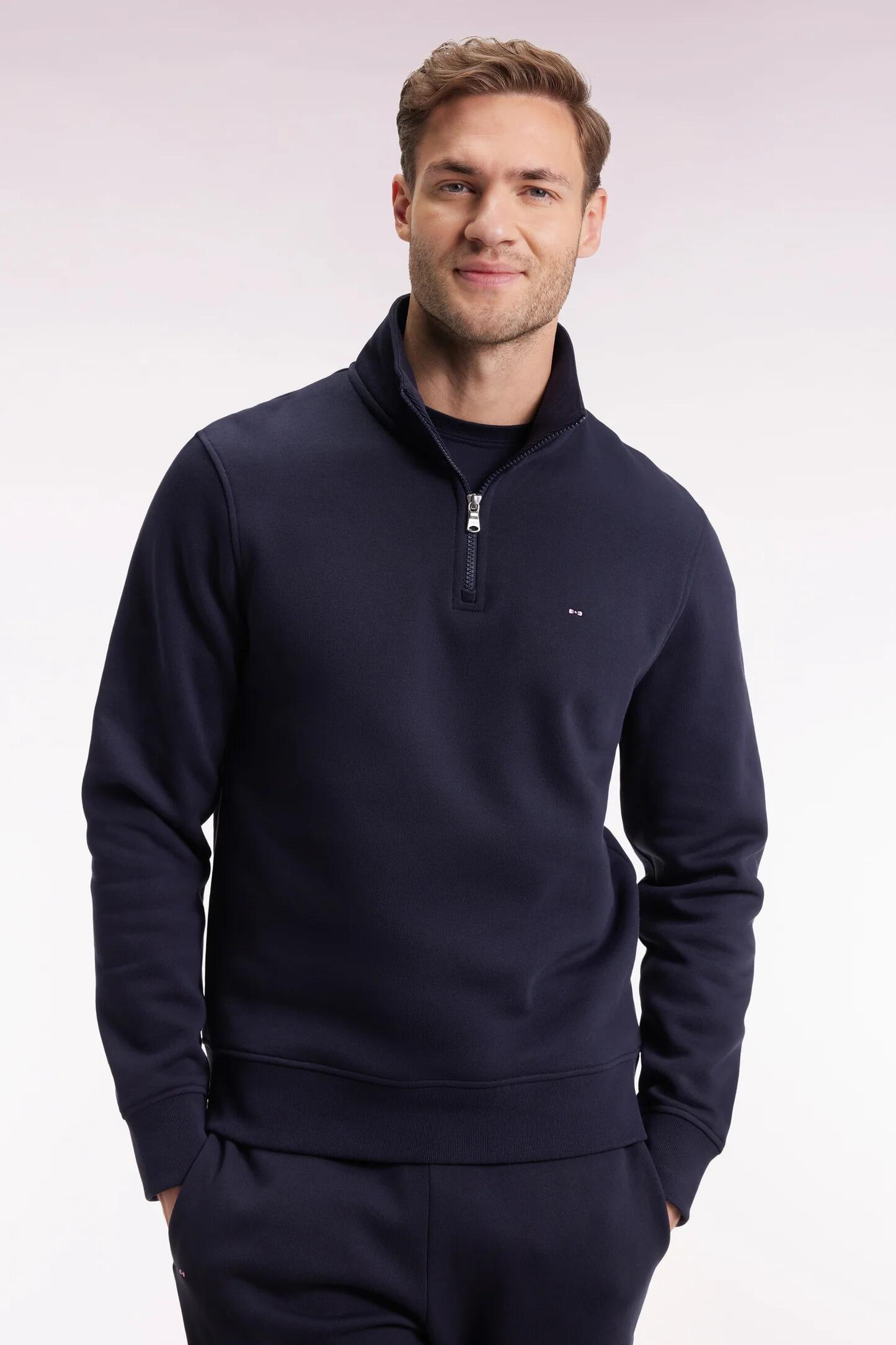Eden Park men’s navy regular-fit zip-neck sweatshirt in cotton fleece with high collar