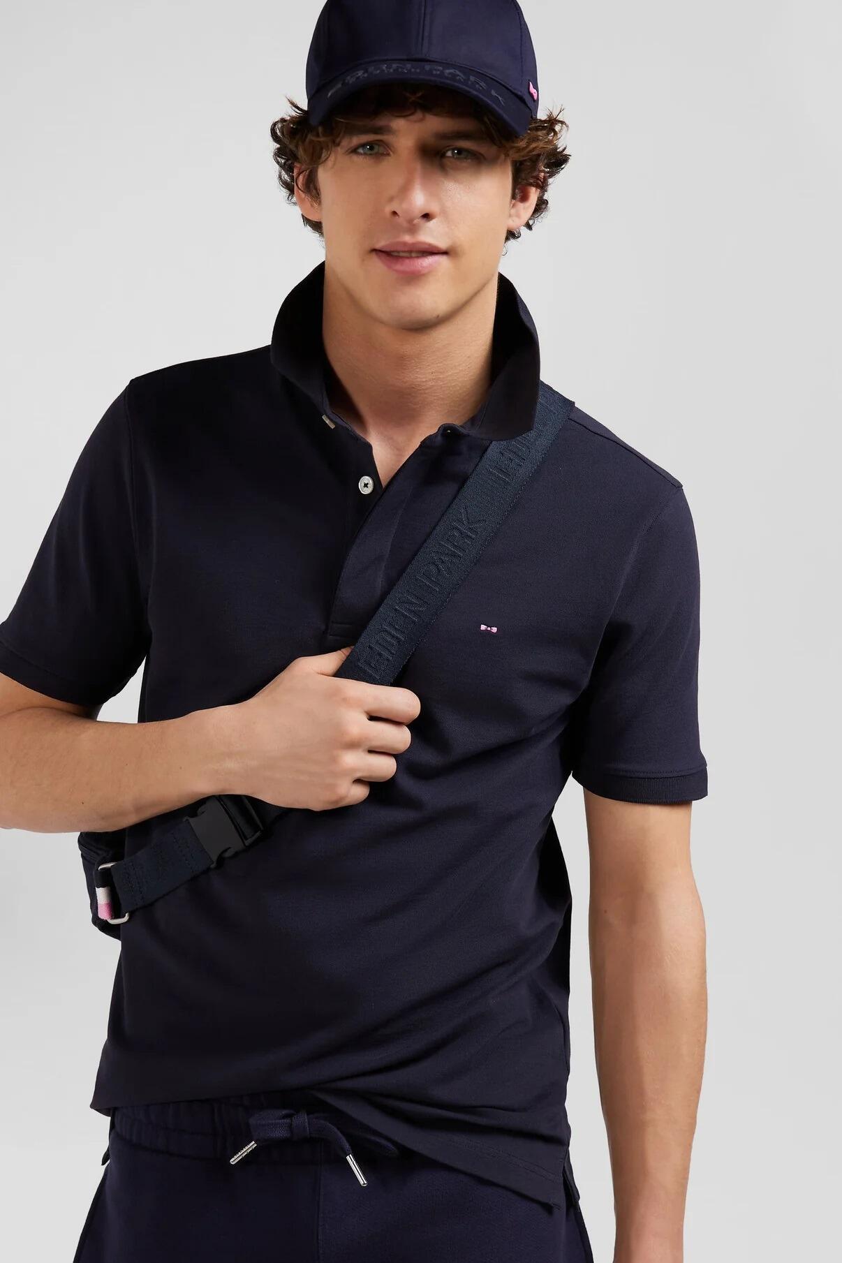 Eden Park navy polo shirt in Pima cotton with ribbed finishes and embroidered bow tie, available in sizes M to 5XL