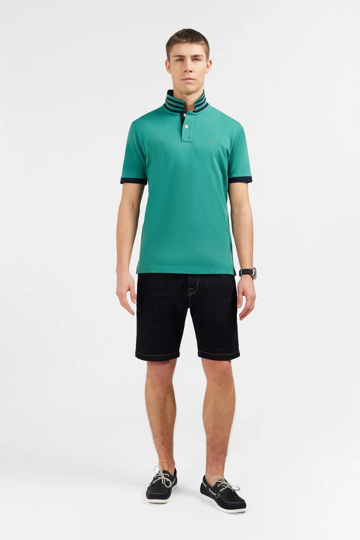 Eden Park men’s large-size jungle-green polo shirt with white contrast collar and classic fit