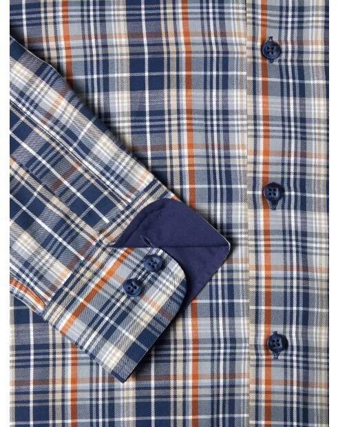 Multi-check long sleeve casual shirt for larger men from Douglas and Grahame, available in 2XL, 3XL, and 4XL, blue and burnt orange
