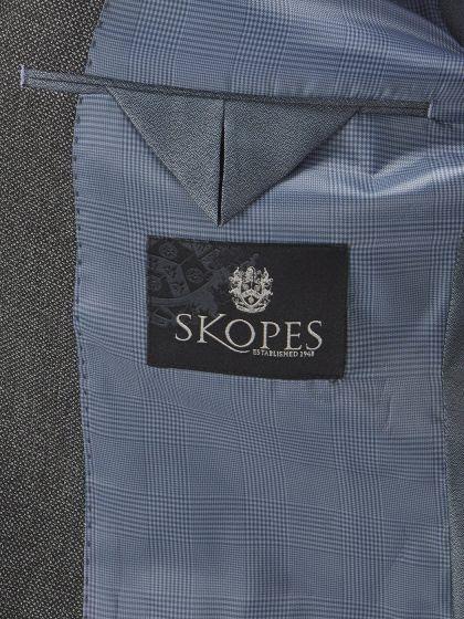Tailored-fit grey jacket in textured tweed fabric, side slit vents visible