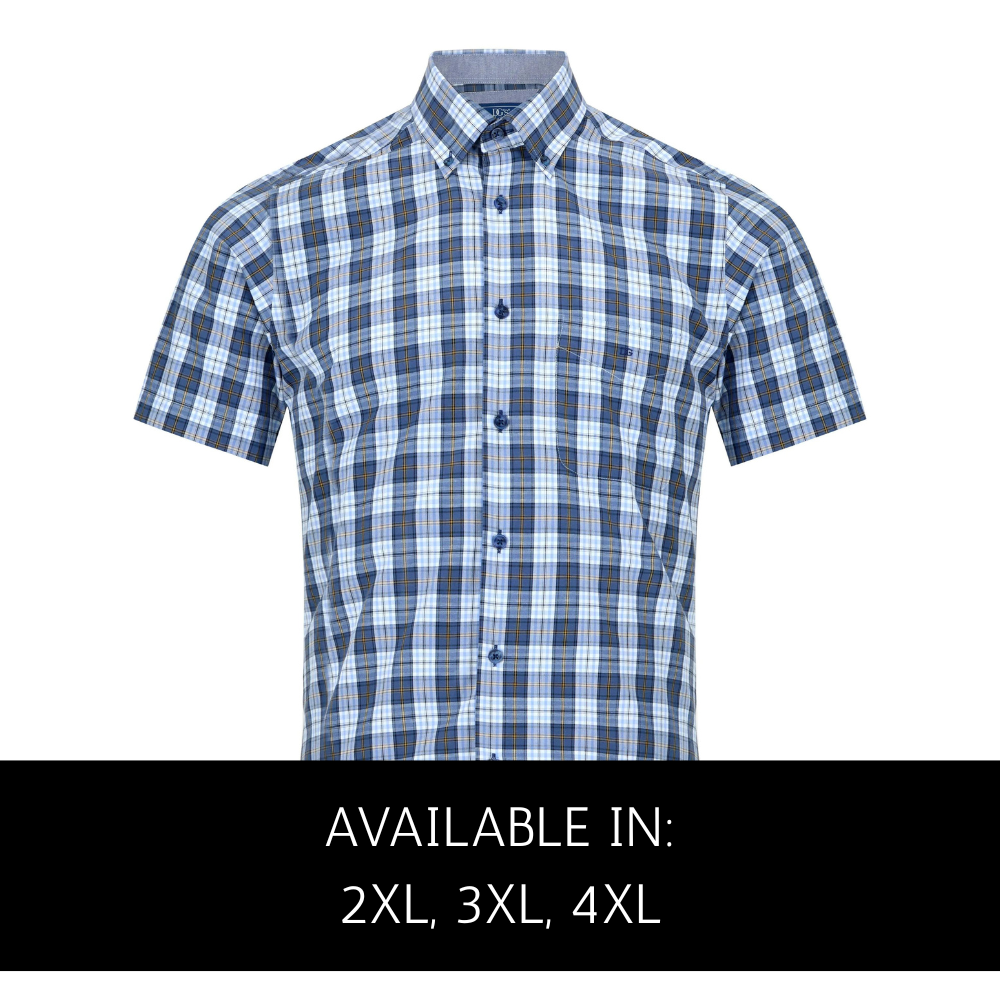 Blue check short sleeve shirt 2XL 3XL 4XL button down collar with overlay