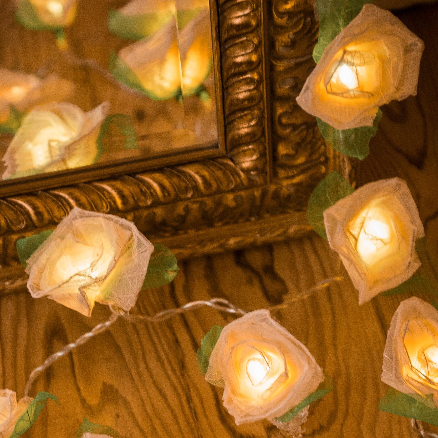 Handcrafted Cream Cabbage Rose Fairy Lights with 20 Warm White LED Lights by Blaze On