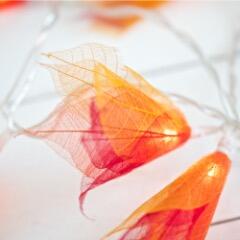 Natural Leaf Fairy Lights in Fire Tones – Handcrafted Thai Rubber Tree Leaf Flowers