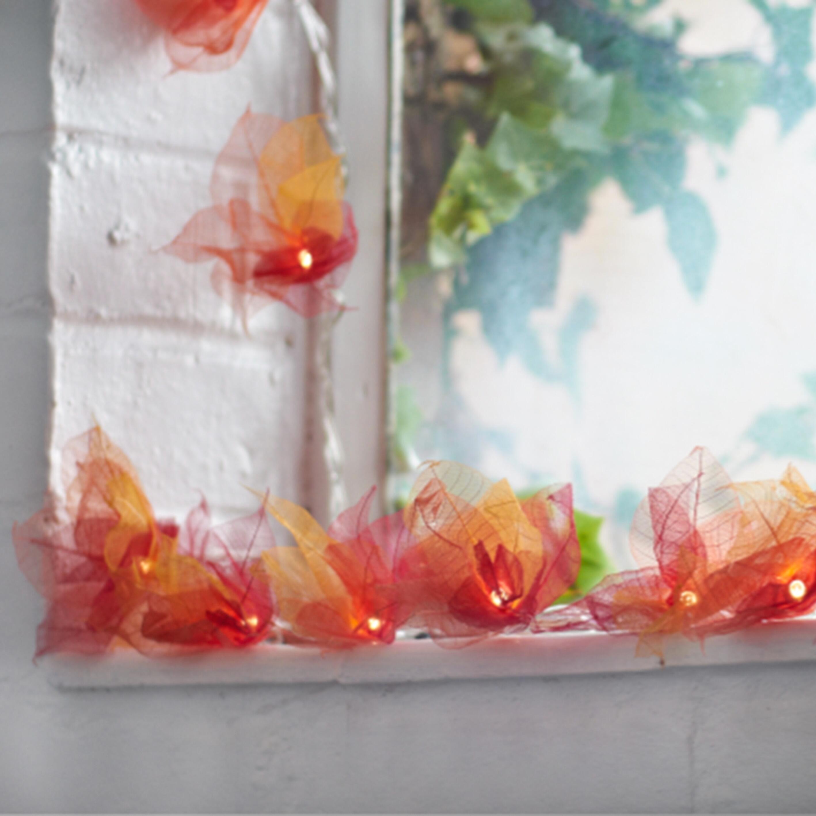 Natural Leaf Fairy Lights in Fire Tones – Handcrafted Thai Rubber Tree Leaf Flowers