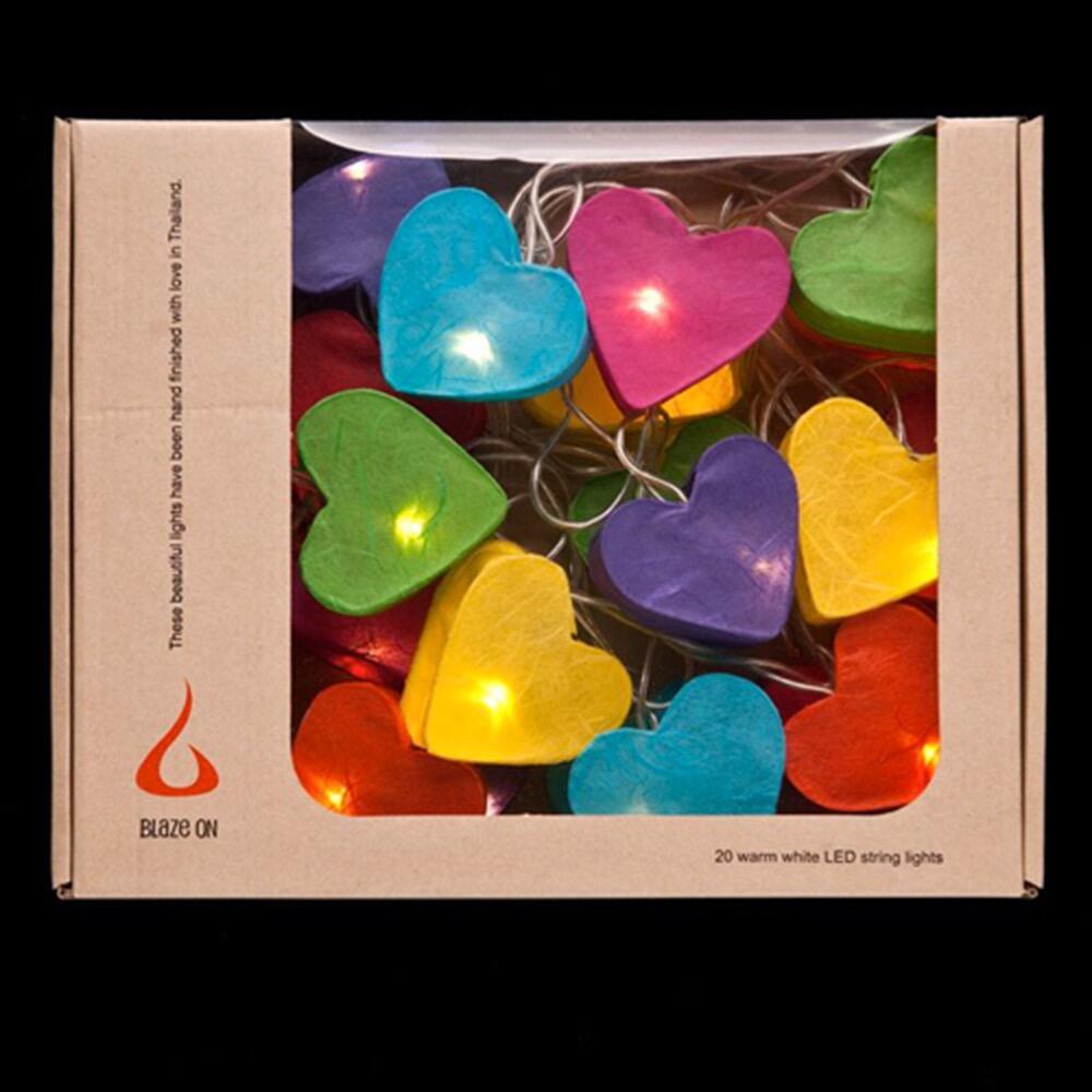 Handcrafted Radiant Heart 20 LED Fairy Lights in rainbow colours. Hand-screened mulberry paper hearts with warm white LEDs. Mains powered. UK plug included.