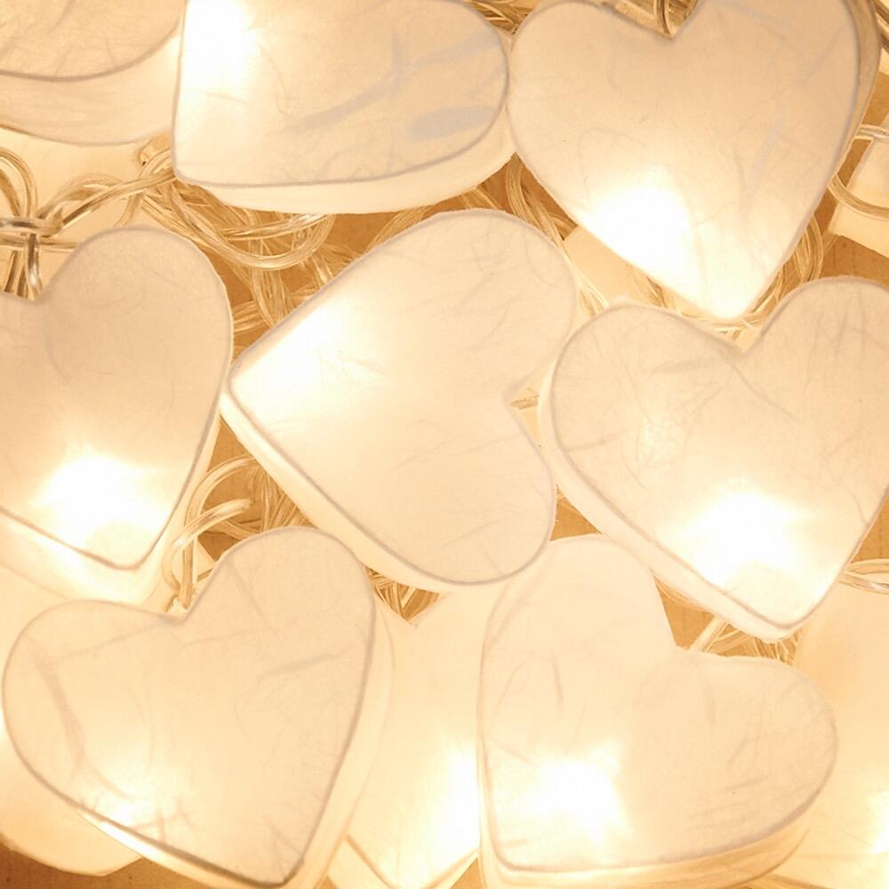 Handcrafted Radiant Heart 30 LED Fairy Lights in crisp white. Hand-screened mulberry paper hearts with warm white LEDs. USB powered. UK 3-Pin USB plug included.
