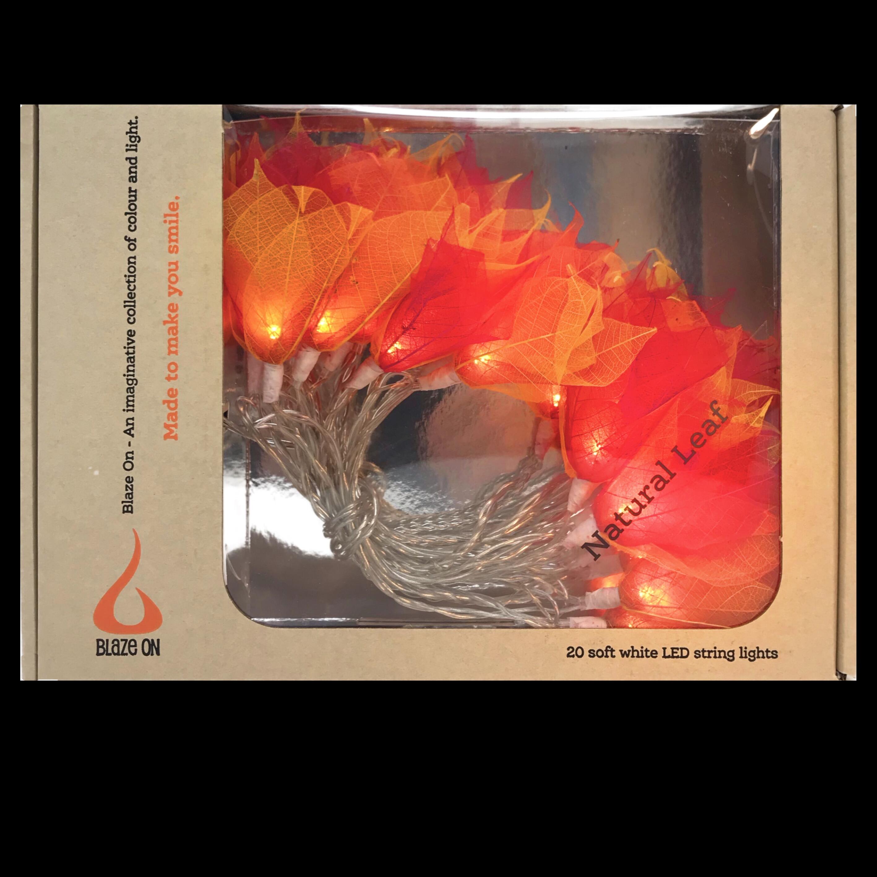 Natural Leaf Fairy Lights in Fire Tones – Handcrafted Thai Rubber Tree Leaf Flowers