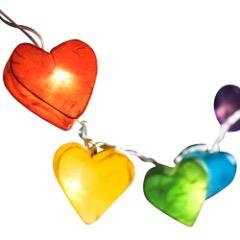Handcrafted Radiant Heart 20 LED Fairy Lights in rainbow colours. Hand-screened mulberry paper hearts with warm white LEDs. Mains powered. UK plug included.
