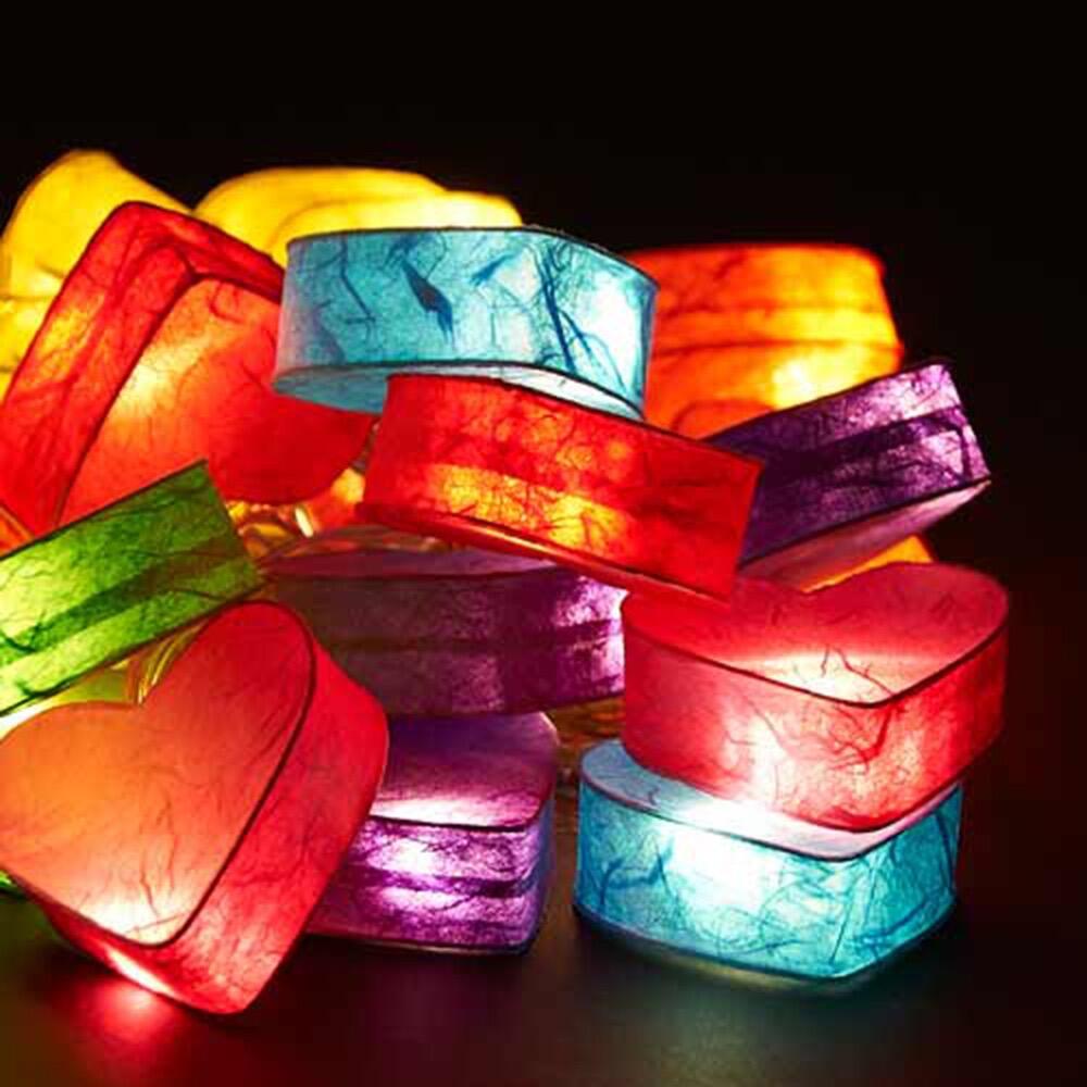 Handcrafted Radiant Heart 10 LED Fairy Lights in rainbow colours. Hand-screened mulberry paper hearts with warm white LEDs. Mains powered. UK plug included.