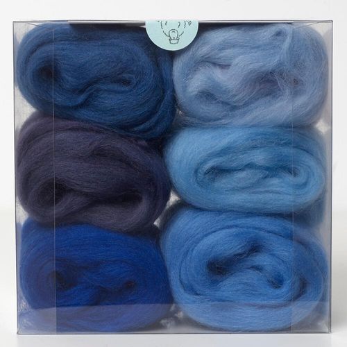 A curated blues merino wool shade pack containing six 5g portions of non-mulesed wool tops.