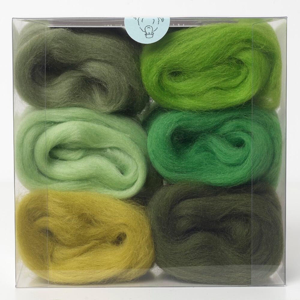 A curated greens merino wool shade pack containing six 5g portions of non-mulesed wool tops.