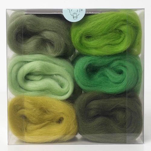 A curated greens merino wool shade pack containing six 5g portions of non-mulesed wool tops.