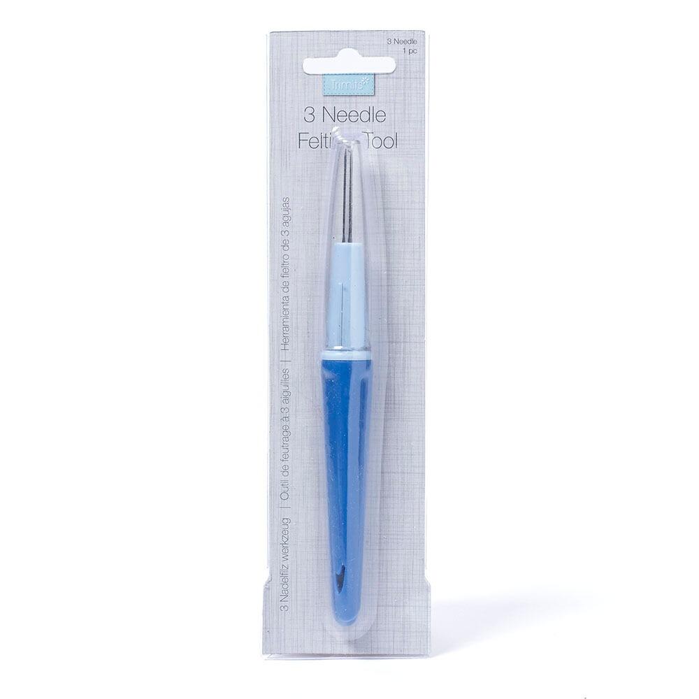 Professional multi-needle felting holder by Trimits, featuring a blue ergonomic handle and three needles for faster fibre interlocking.