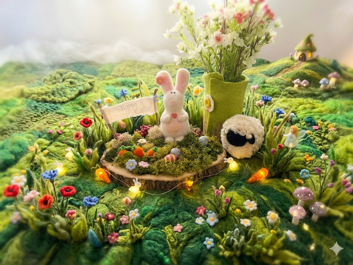 "Whimsical needlefelted Easter meadow with a white bunny, sheep, and colorful felt flowers under bright, warm lighting."