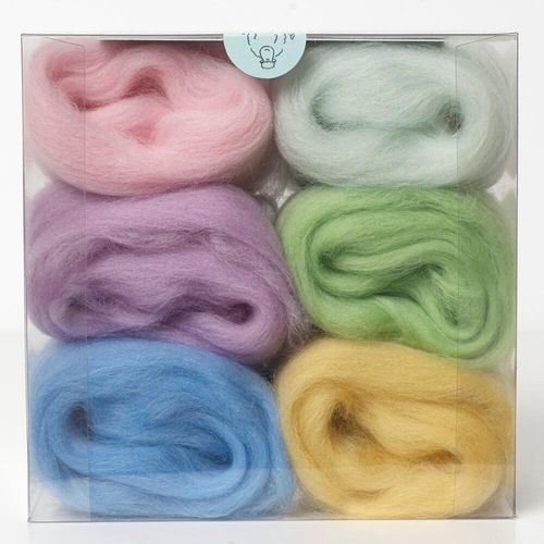 A curated pastels merino wool shade pack containing six 5g portions of non-mulesed wool tops.