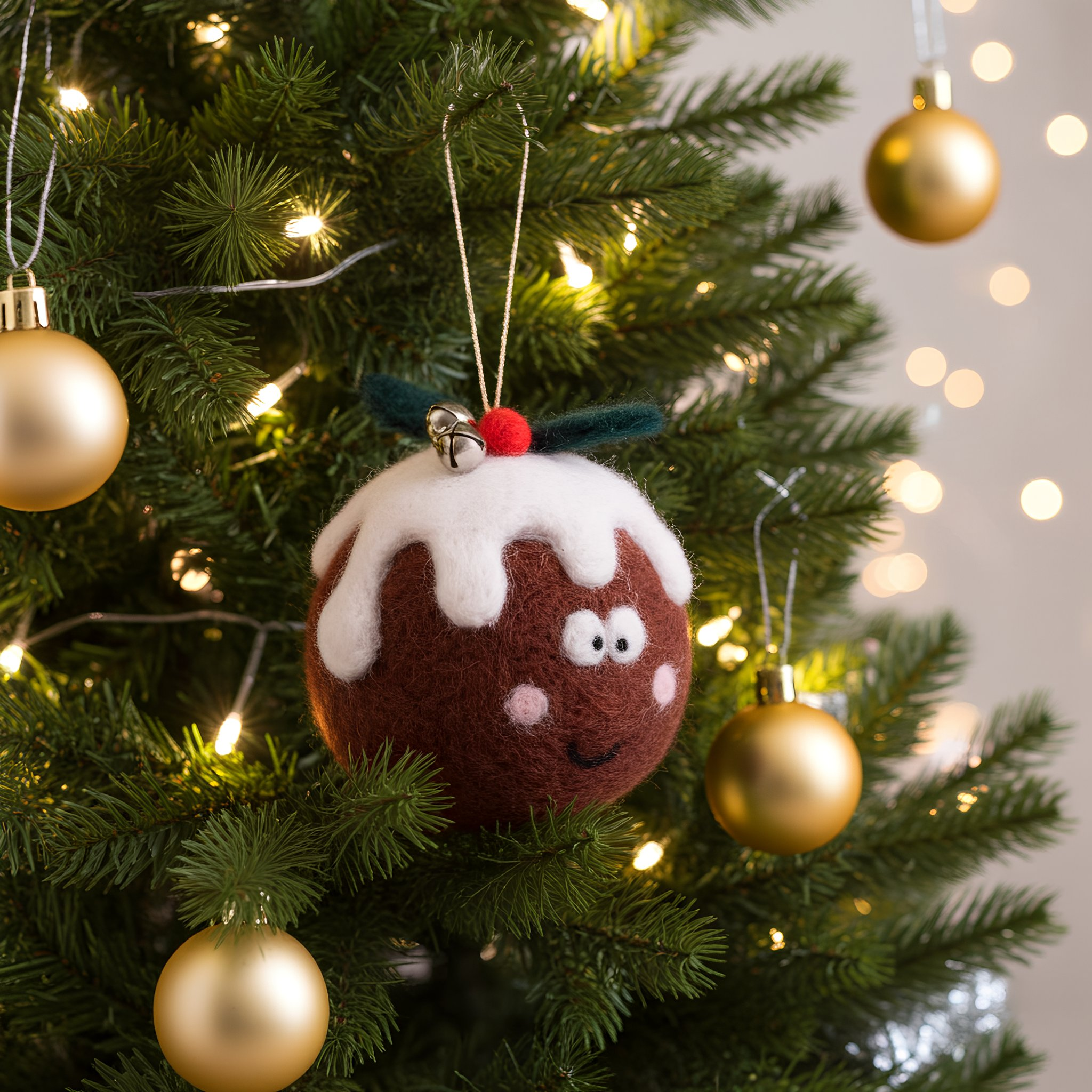 A round, needle-felted brown Christmas pudding with white felt icing dripping down, a small red holly berry, green leaves, a silver jingle bell, and a cute smiling face, hanging on a Christmas tree with fairy lights.
