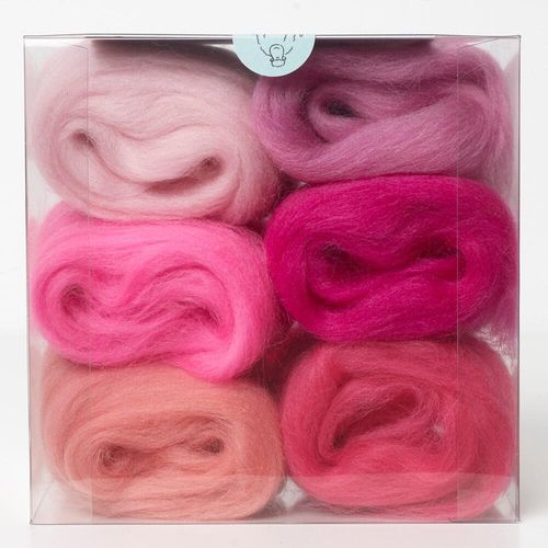 A curated Pinks merino wool shade pack containing six 5g portions of non-mulesed wool tops.