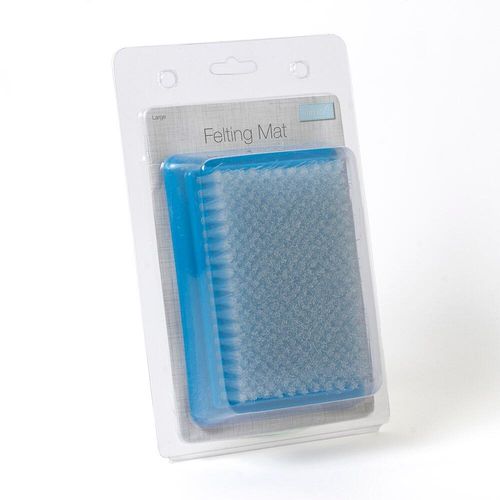 Professional-grade large needle felting brush mat by Trimits, featuring stiff blue bristles and a sturdy base for flat and 3D needle felting.