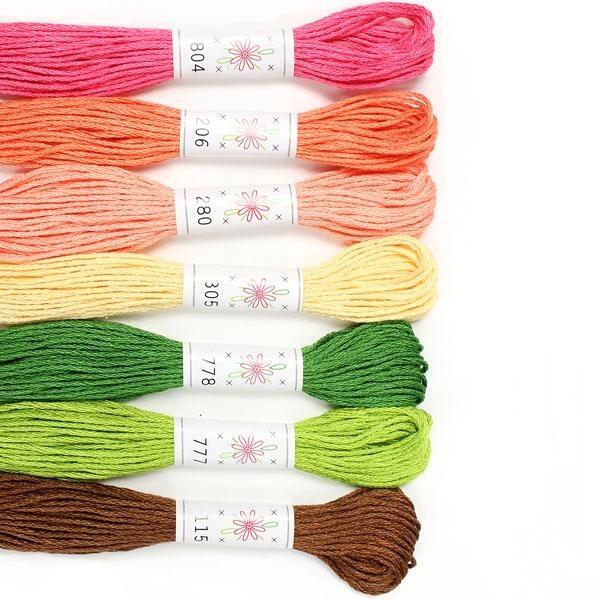 A collection of seven vibrant Sublime "Flowerbox" embroidery floss skeins in floral and botanical shades.