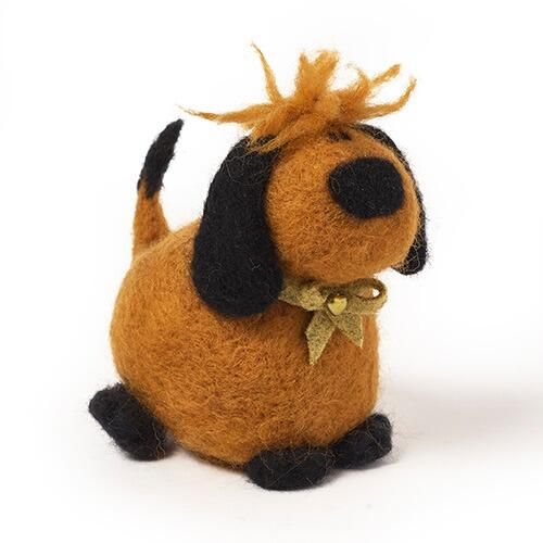 Cute needle-felted cartoon dog, Monty, in brown and black with spiky fur and a gold bow collar. Beginner needle felting kit.