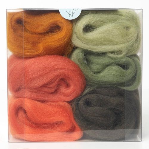 A curated autumn merino wool shade pack containing six 5g portions of non-mulesed wool tops.