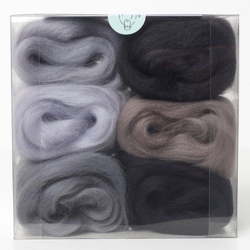 A curated greys merino wool shade pack containing six 5g portions of non-mulesed wool tops.