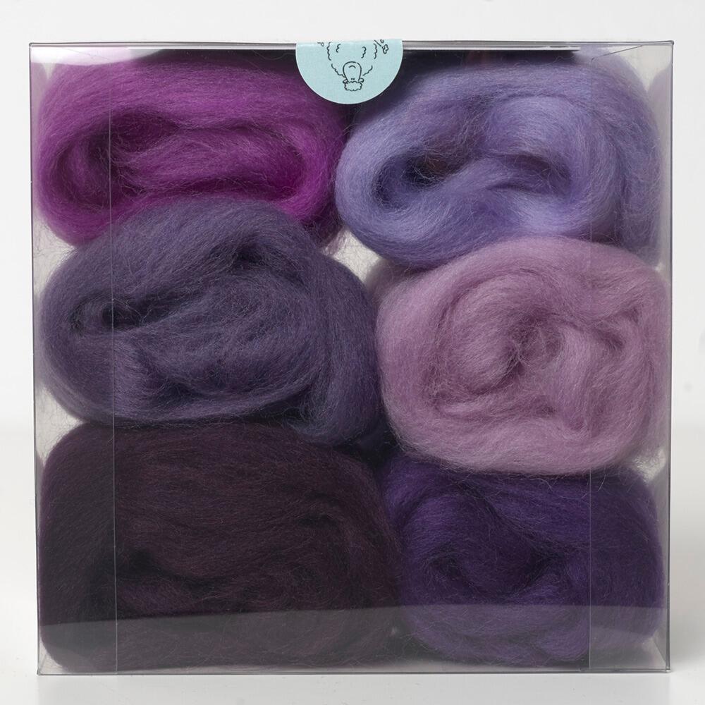 A curated purples merino wool shade pack containing six 5g portions of non-mulesed wool tops.