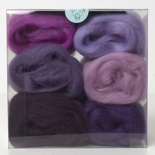A curated purples merino wool shade pack containing six 5g portions of non-mulesed wool tops.