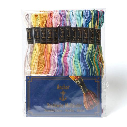A collection of Anchor Sticktwist stranded cotton embroidery threads, showing a range of variegated colours that transition through complementary tones.