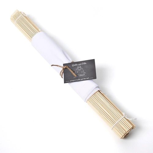Professional bamboo rolling mat for wet felting, complete with a piece of fine white netting, secured with twine and a decorative sheep brand tag.