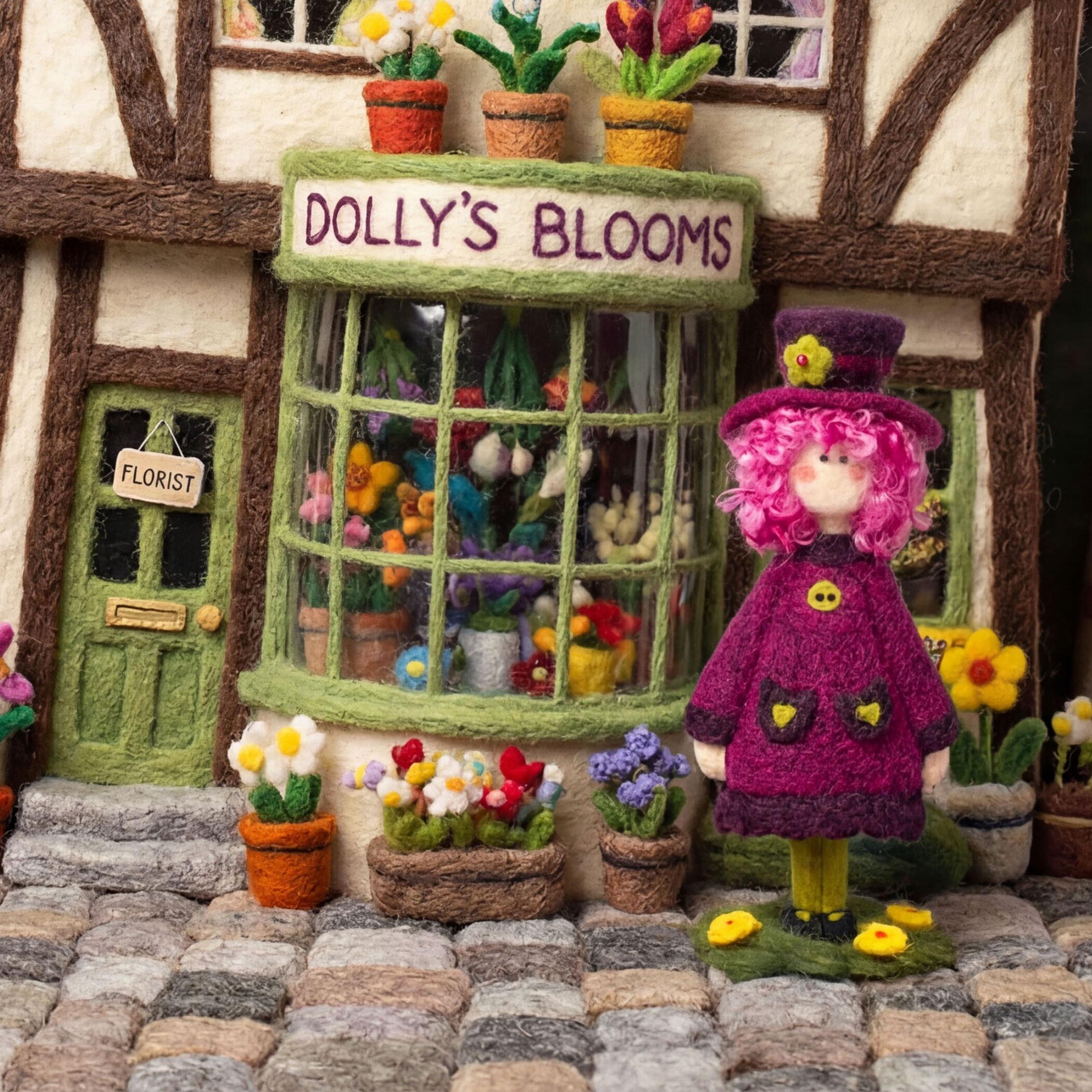 A premier needle-felted scene of "Dolly's Blooms" flower shop with a doll figure in a purple coat and hat standing on a cobblestone street, surrounded by felted window displays and potted floral arrangements.