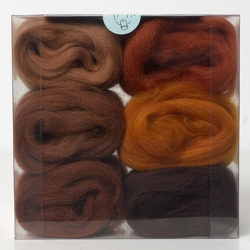 A curated browns merino wool shade pack containing six 5g portions of non-mulesed wool tops.