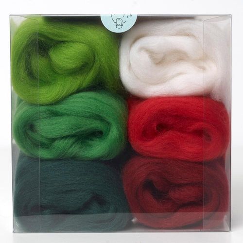 A curated christmas merino wool shade pack containing six 5g portions of non-mulesed wool tops.