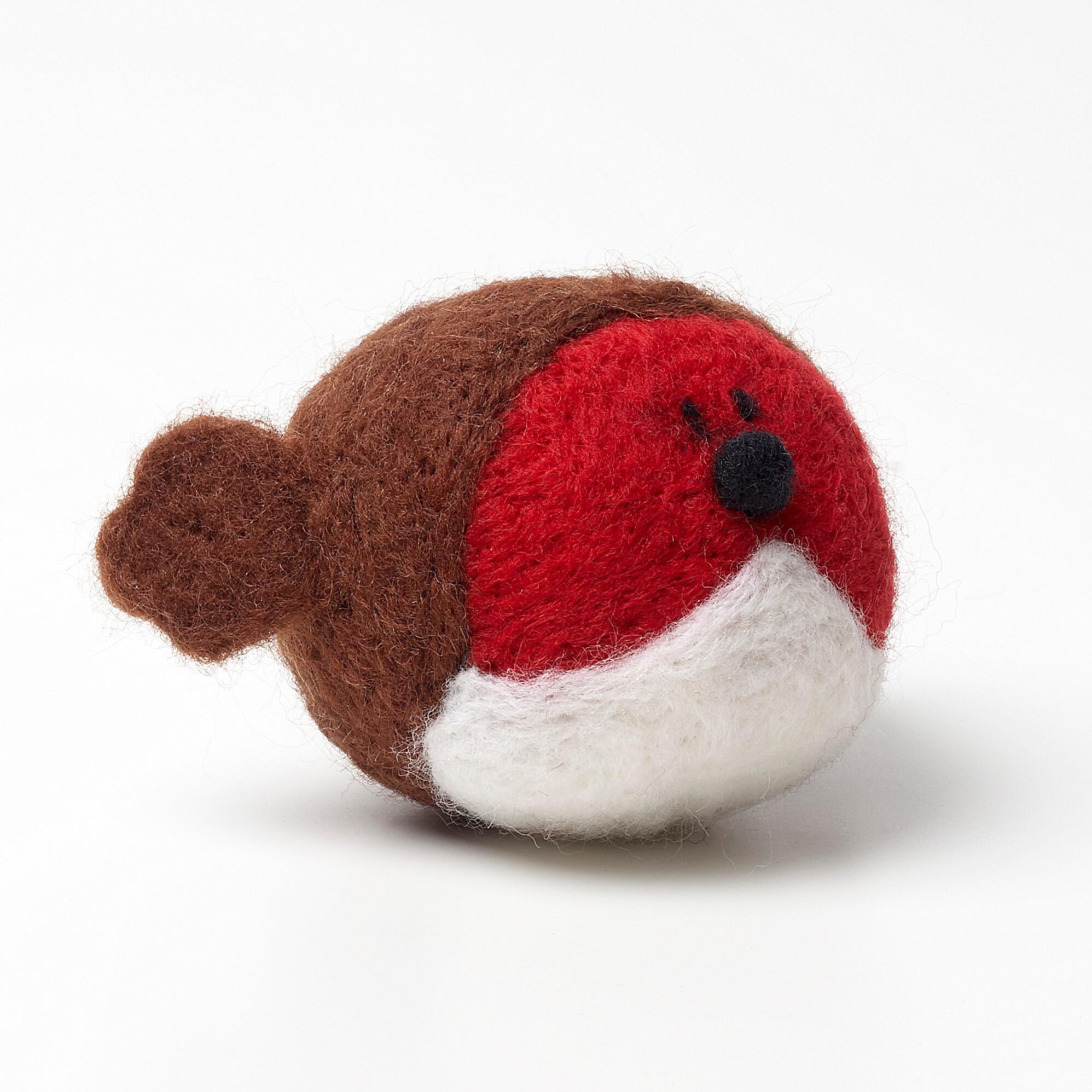 A round, 3D needle-felted Robin with a brown back, a bright red breast, and a white tummy.
