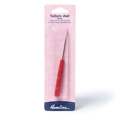 Professional Tailors Awl (Stiletto) by Hemline with a sharp steel point and red handle, ideal for piercing holes in needle-felted characters.