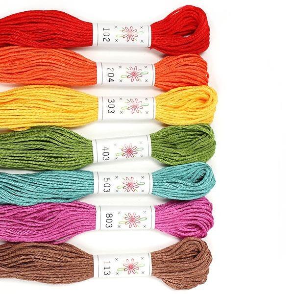 Premium Sublime embroidery threads in the "Fruit Salad" palette, featuring seven complementary shades of 100% Egyptian cotton.