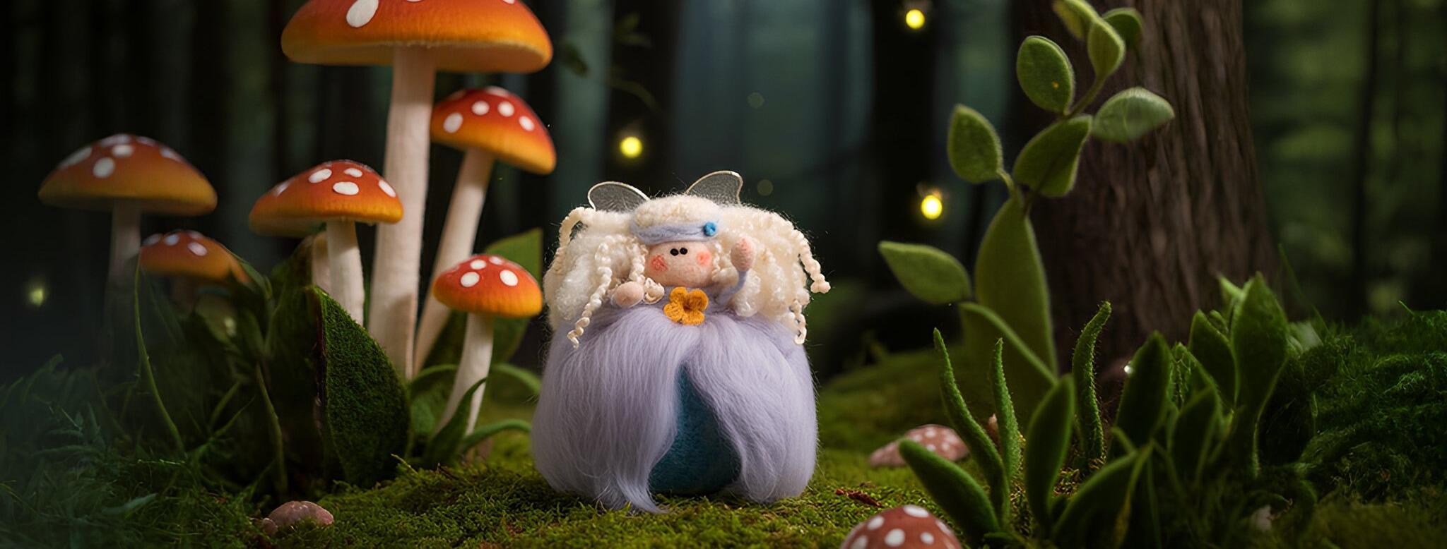 A delicate needle-felted fairy named Molly with curly white hair and a lavender wispy dress, standing in a felted forest surrounded by large red toadstools and lush green foliage.